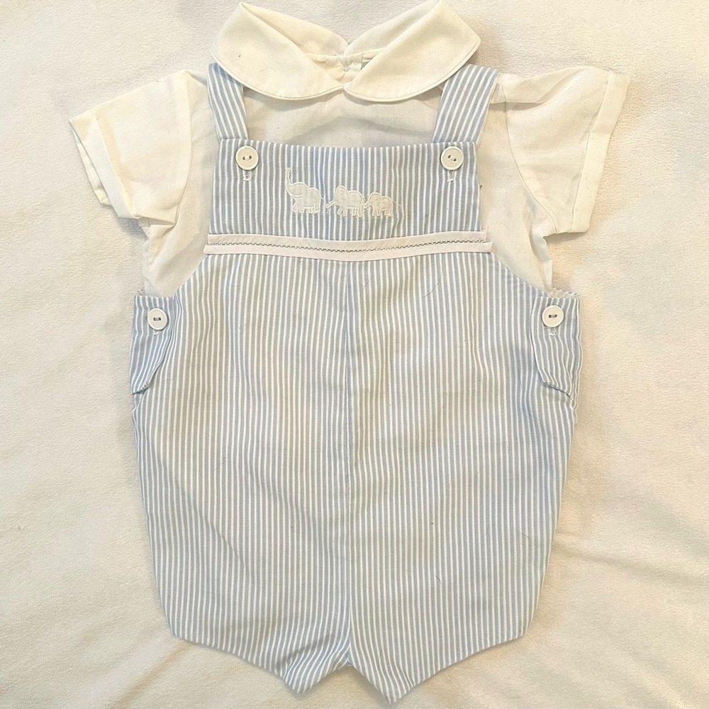 Vintage Baby Togs Boys Blue White Striped Elephants Shortall Romper 6-9M